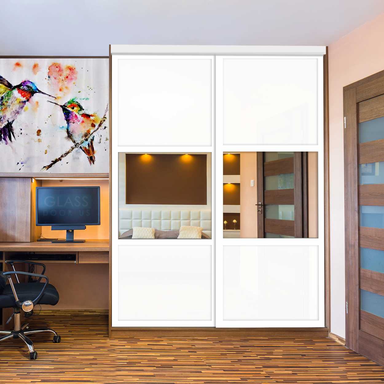 Puerta De Armario Con Vidrio Pintado Blanco Y Espejo Insertado 2 Paneles BMSC-1179